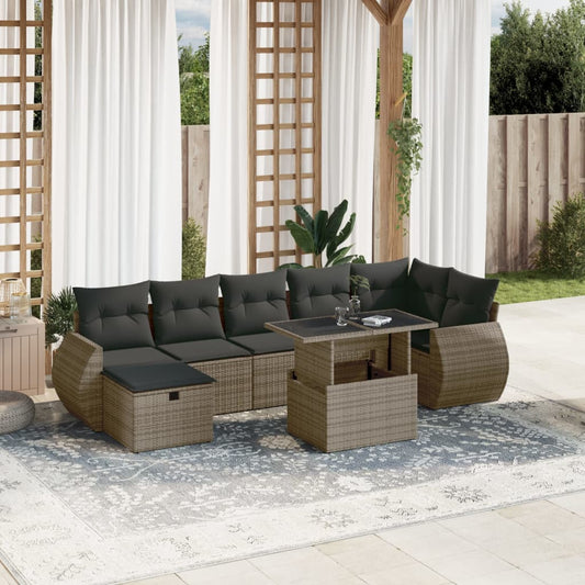 8-tlg. Garten-Sofagarnitur mit Kissen Grau Poly Rattan