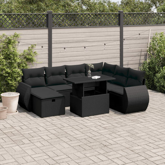 8-tlg. Garten-Sofagarnitur mit Kissen Schwarz Poly Rattan