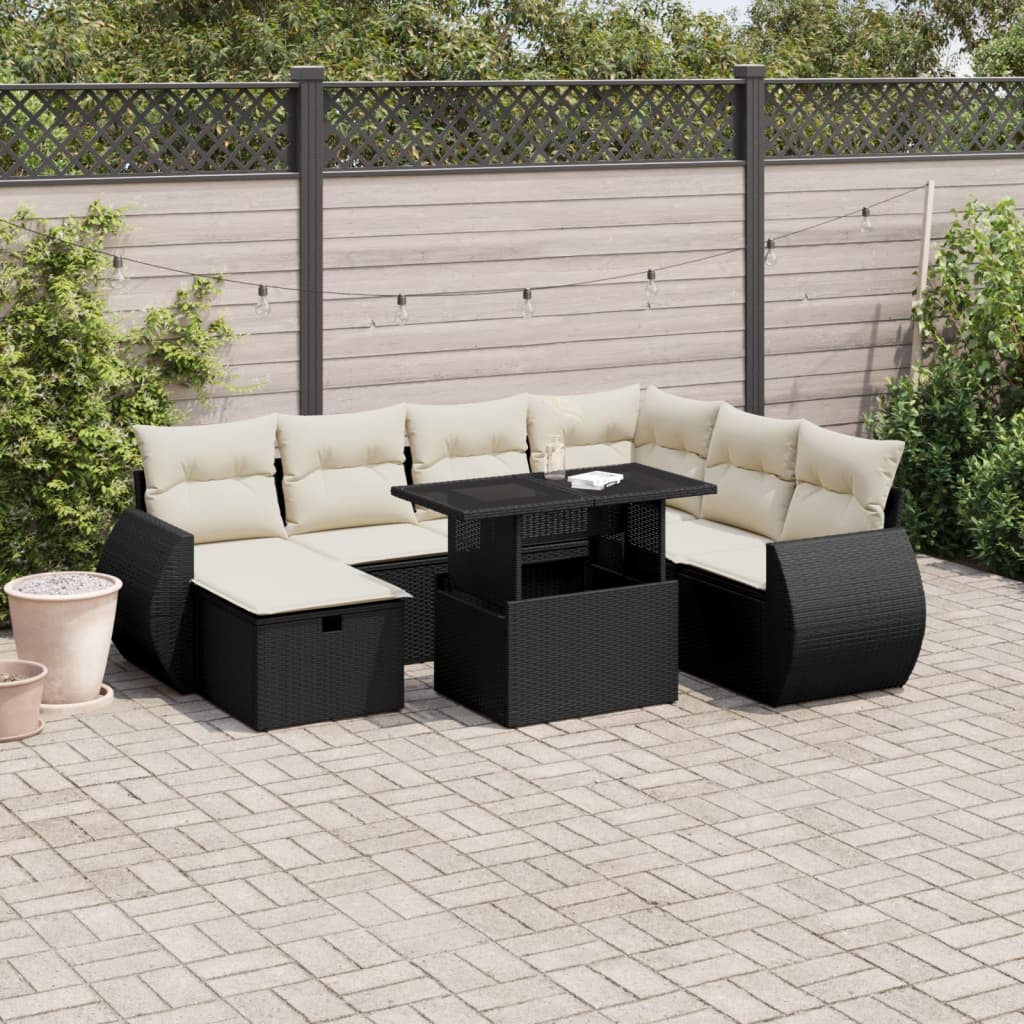 8-tlg. Garten-Sofagarnitur mit Kissen Schwarz Poly Rattan