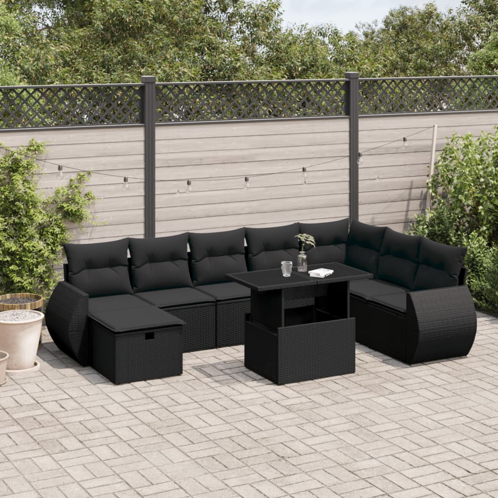 9-tlg. Garten-Sofagarnitur mit Kissen Schwarz Poly Rattan