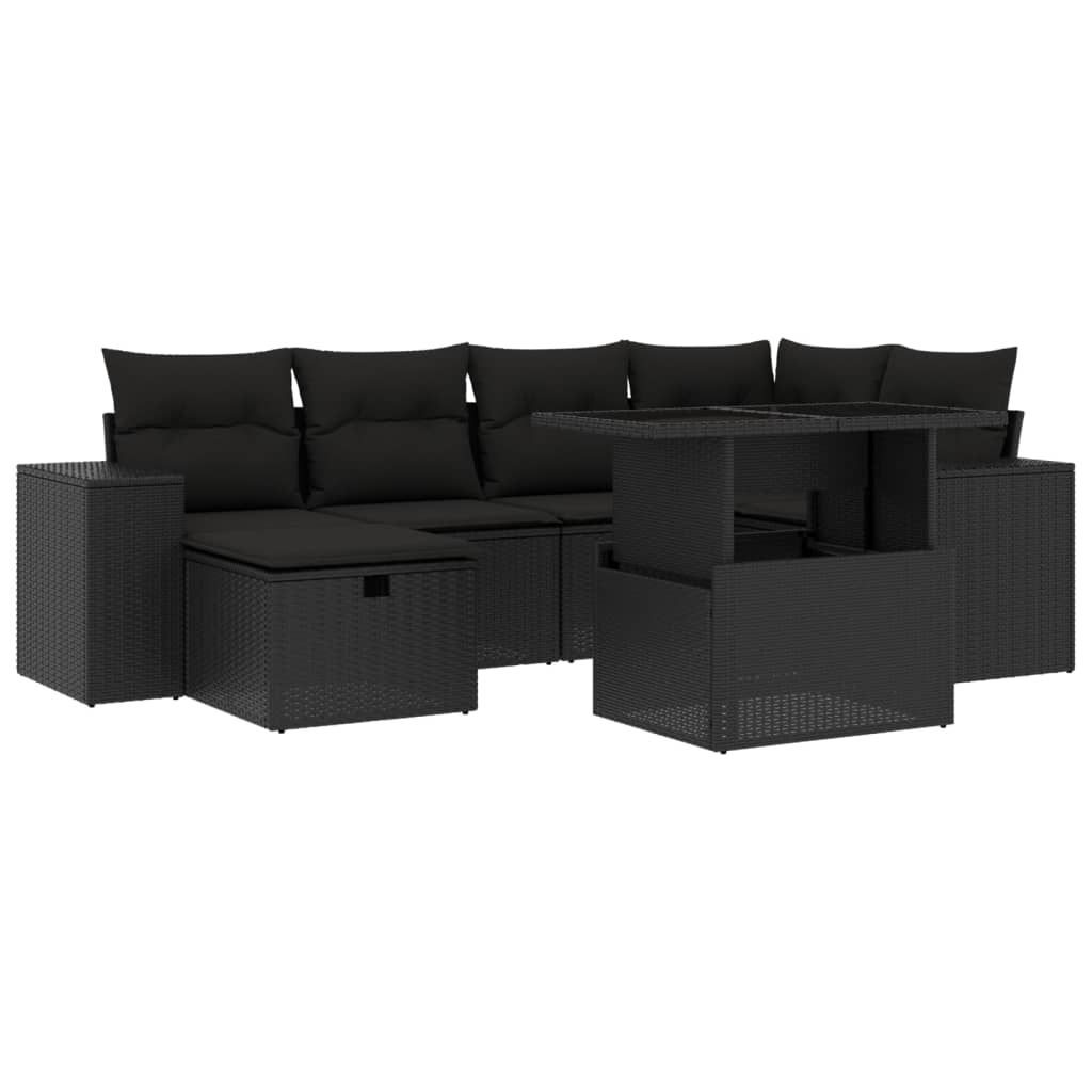 7-tlg. Garten-Sofagarnitur mit Kissen Schwarz Poly Rattan