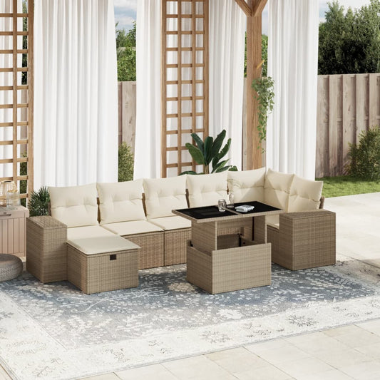 8-tlg. Garten-Sofagarnitur mit Kissen Beige Poly Rattan