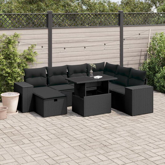 8-tlg. Garten-Sofagarnitur mit Kissen Schwarz Poly Rattan