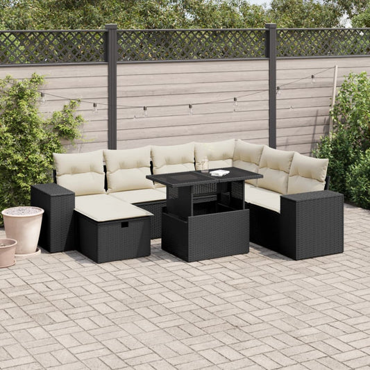 8-tlg. Garten-Sofagarnitur mit Kissen Schwarz Poly Rattan