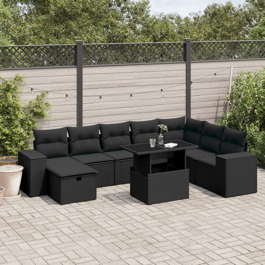 9-tlg. Garten-Sofagarnitur mit Kissen Schwarz Poly Rattan