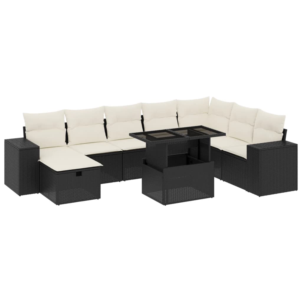 9-tlg. Garten-Sofagarnitur mit Kissen Schwarz Poly Rattan