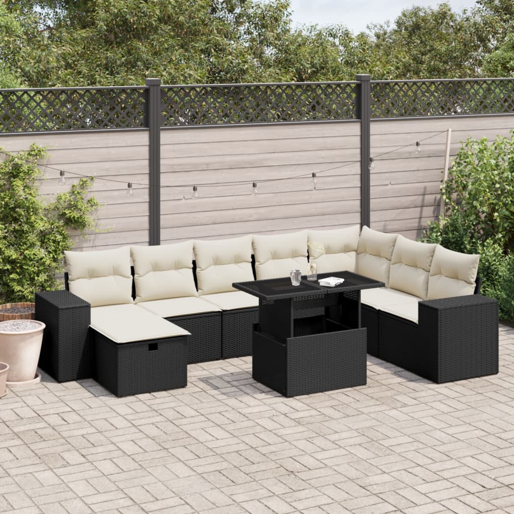 9-tlg. Garten-Sofagarnitur mit Kissen Schwarz Poly Rattan