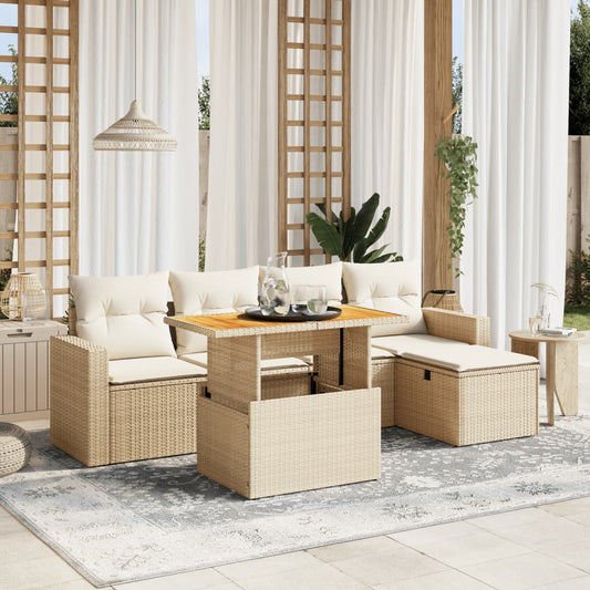 6-tlg. Garten-Sofagarnitur mit Kissen Beige Poly Rattan