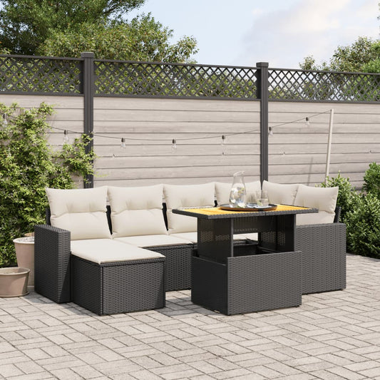 7-tlg. Garten-Sofagarnitur mit Kissen Schwarz Poly Rattan