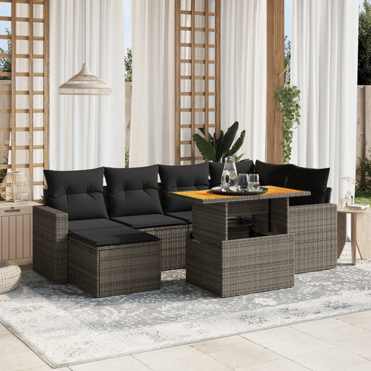 7-tlg. Garten-Sofagarnitur mit Kissen Grau Poly Rattan