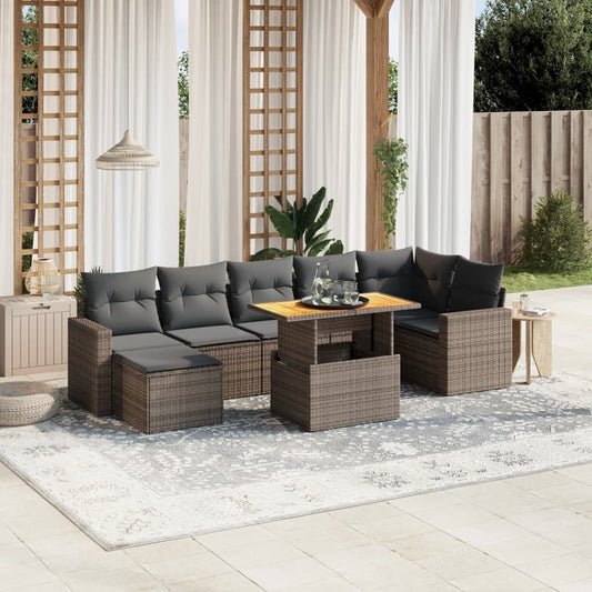 8-tlg. Garten-Sofagarnitur mit Kissen Grau Poly Rattan