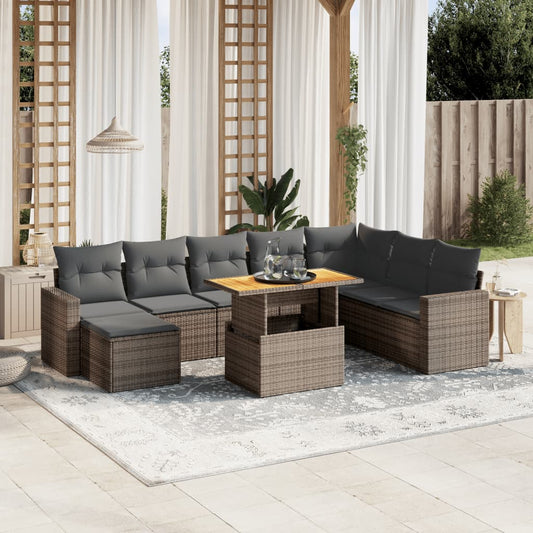 9-tlg. Garten-Sofagarnitur mit Kissen Grau Poly Rattan