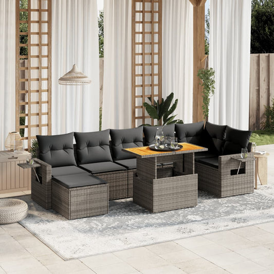 8-tlg. Garten-Sofagarnitur mit Kissen Grau Poly Rattan