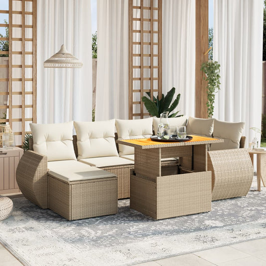 7-tlg. Garten-Sofagarnitur mit Kissen Beige Poly Rattan