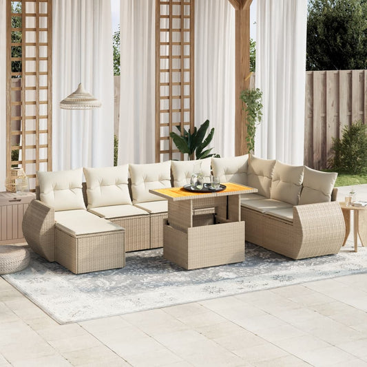 9-tlg. Garten-Sofagarnitur mit Kissen Beige Poly Rattan