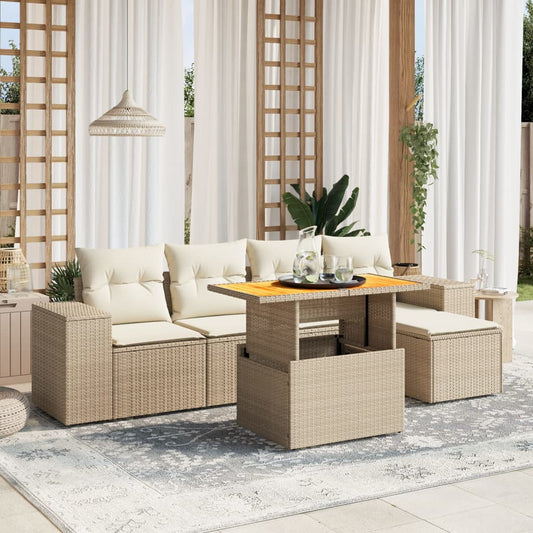 6-tlg. Garten-Sofagarnitur mit Kissen Beige Poly Rattan