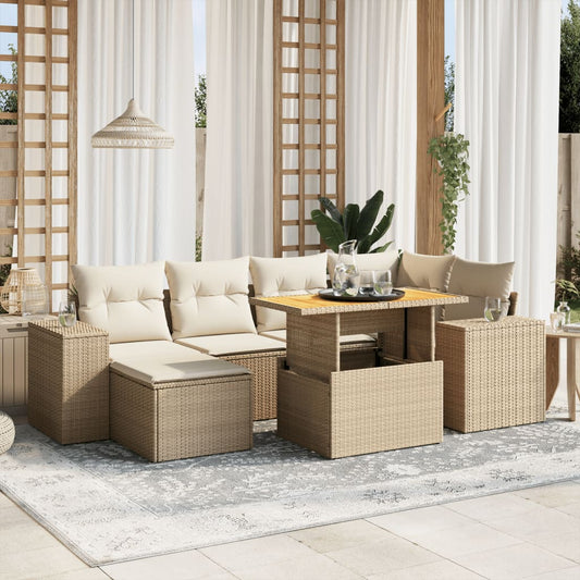 7-tlg. Garten-Sofagarnitur mit Kissen Beige Poly Rattan