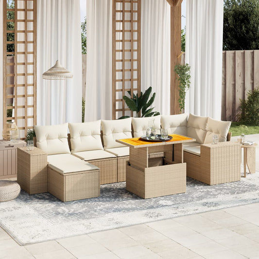 8-tlg. Garten-Sofagarnitur mit Kissen Beige Poly Rattan