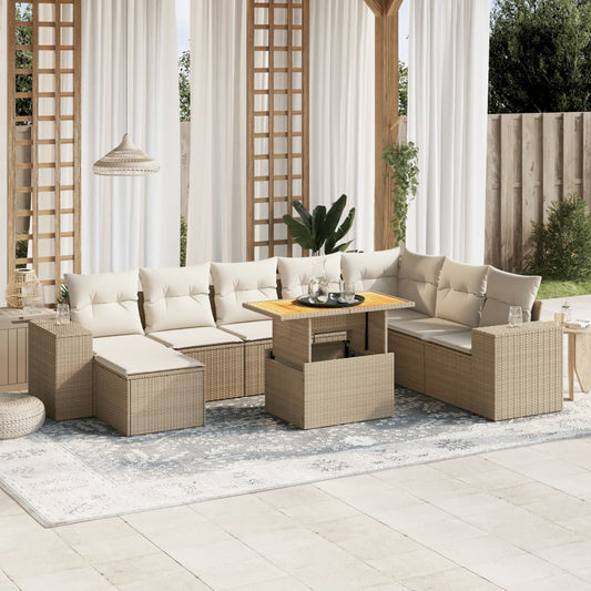 9-tlg. Garten-Sofagarnitur mit Kissen Beige Poly Rattan