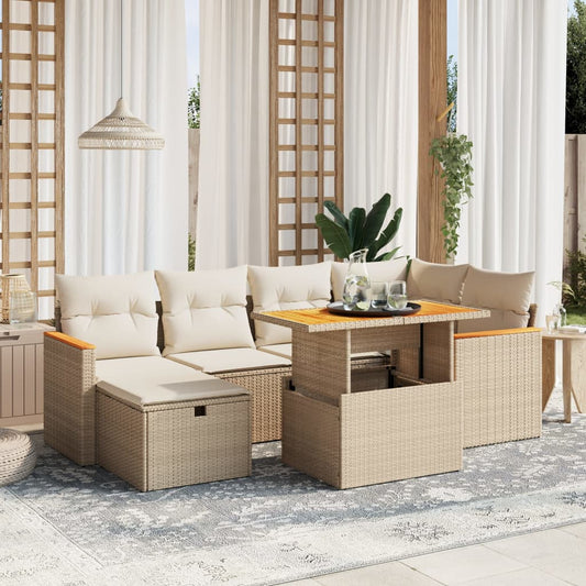 7-tlg. Garten-Sofagarnitur mit Kissen Beige Poly Rattan