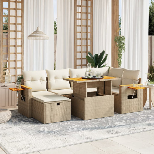 7-tlg. Garten-Sofagarnitur mit Kissen Beige Poly Rattan