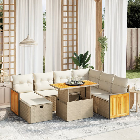 8-tlg. Garten-Sofagarnitur mit Kissen Beige Poly Rattan