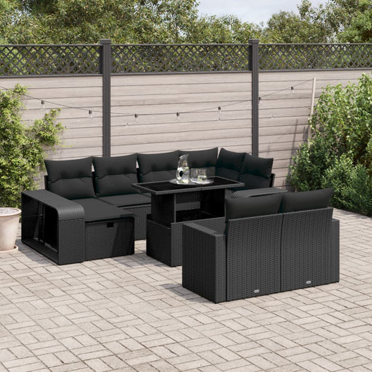 11-tlg. Garten-Sofagarnitur mit Kissen Schwarz Poly Rattan