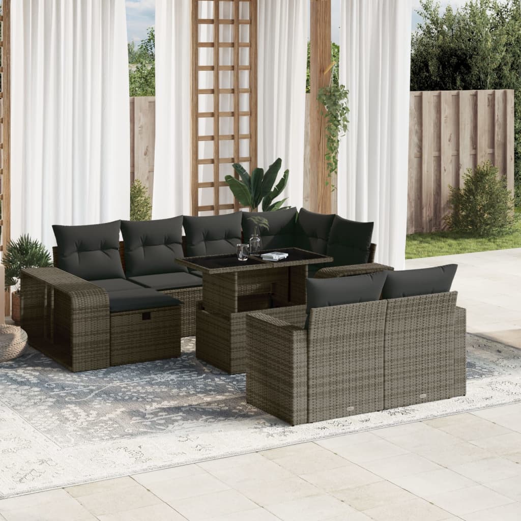 11-tlg. Garten-Sofagarnitur mit Kissen Grau Poly Rattan