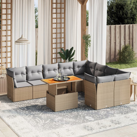 10-tlg. Garten-Sofagarnitur mit Kissen Beige Poly Rattan