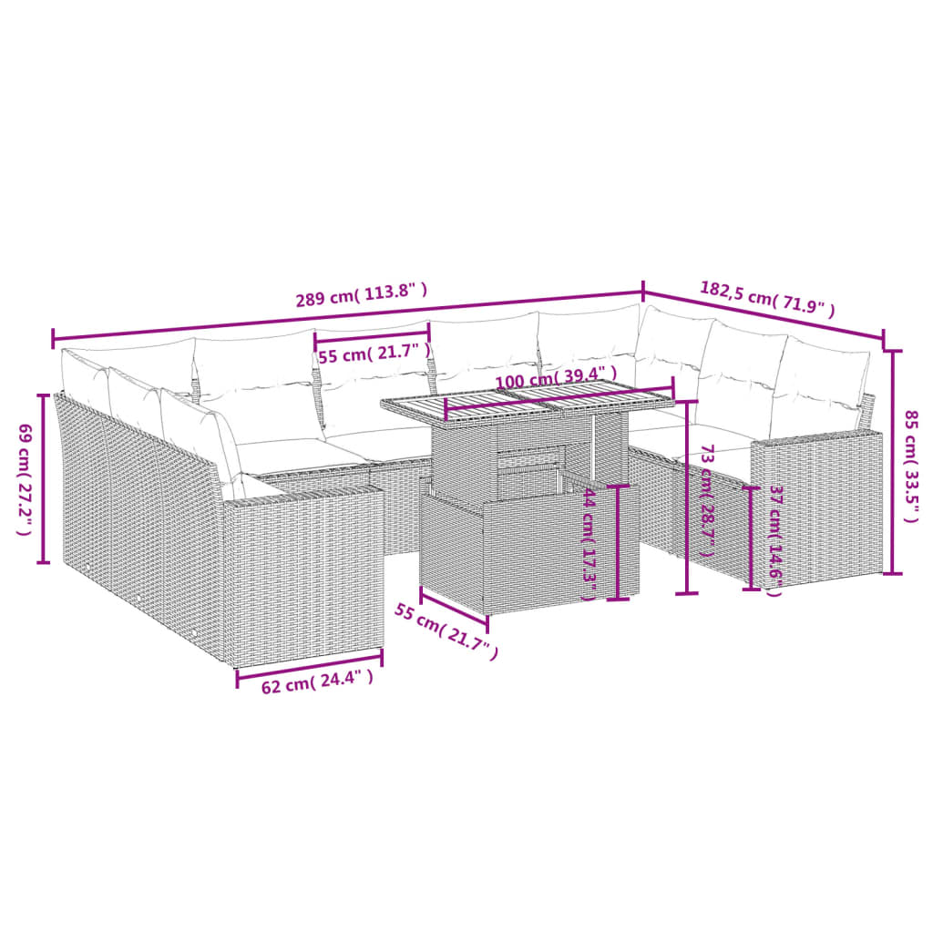 10-tlg. Garten-Sofagarnitur mit Kissen Grau Poly Rattan