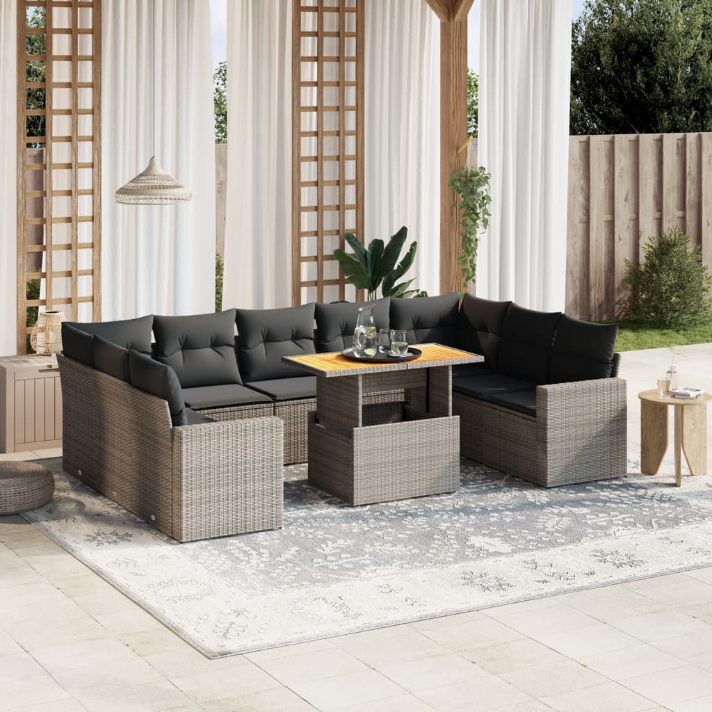 10-tlg. Garten-Sofagarnitur mit Kissen Grau Poly Rattan