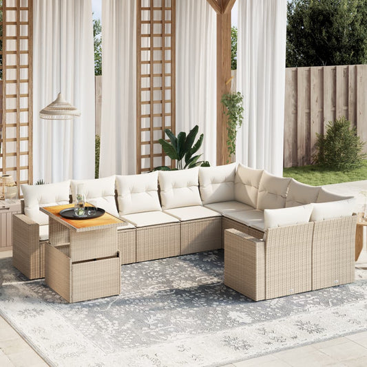 10-tlg. Garten-Sofagarnitur mit Kissen Beige Poly Rattan