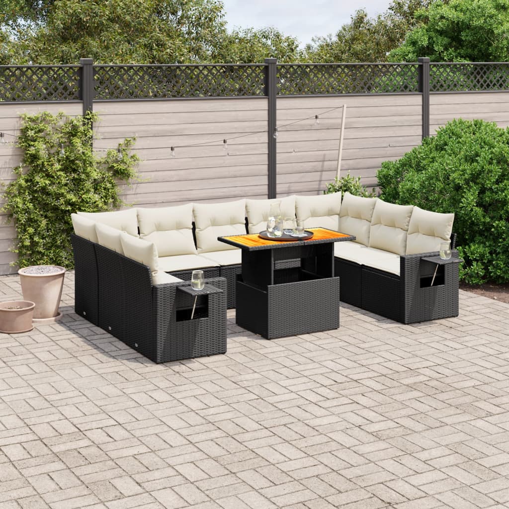 10-tlg. Garten-Sofagarnitur mit Kissen Schwarz Poly Rattan