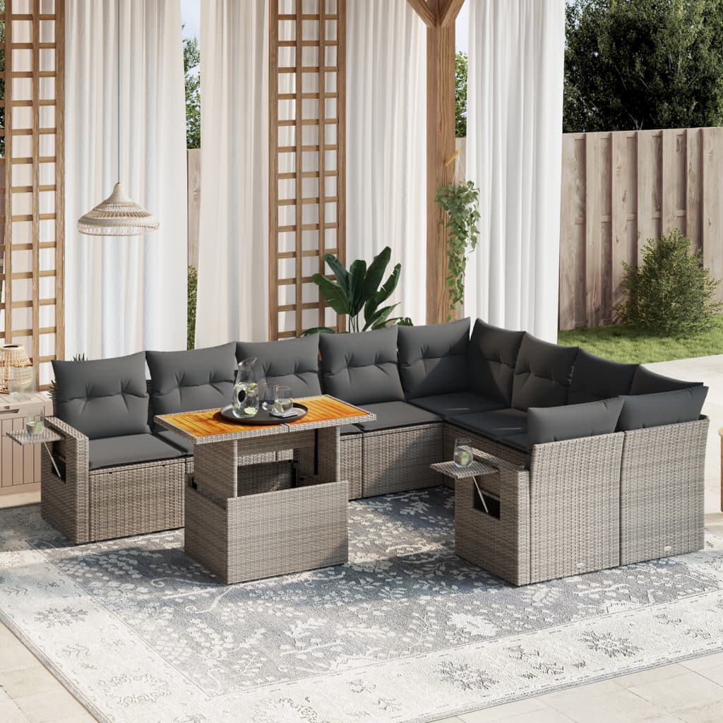 10-tlg. Garten-Sofagarnitur mit Kissen Grau Poly Rattan