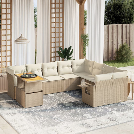 10-tlg. Garten-Sofagarnitur mit Kissen Beige Poly Rattan