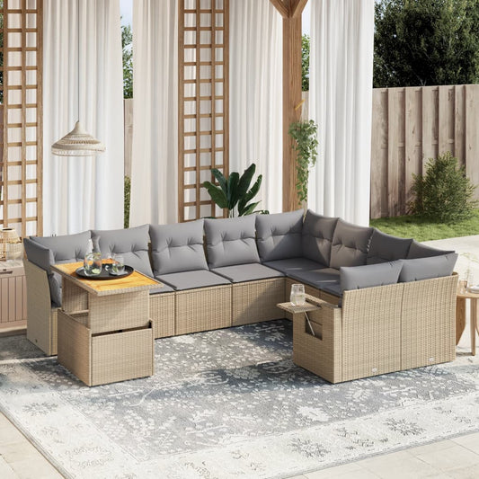 10-tlg. Garten-Sofagarnitur mit Kissen Beige Poly Rattan