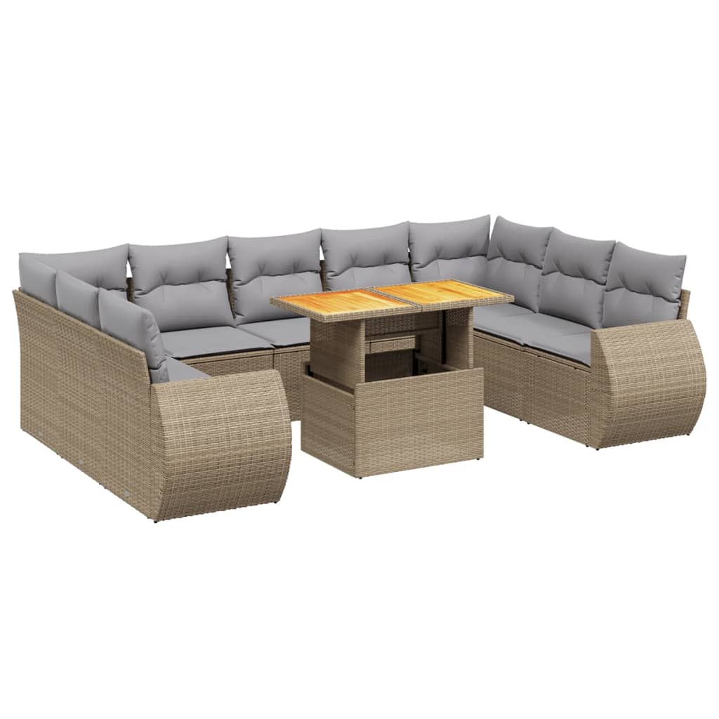 10-tlg. Garten-Sofagarnitur mit Kissen Beige Poly Rattan