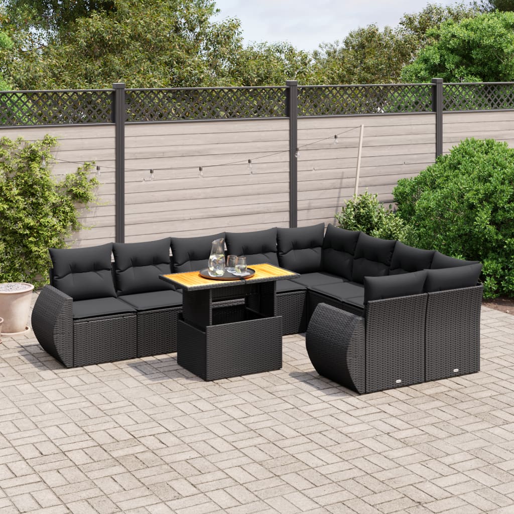 10-tlg. Garten-Sofagarnitur mit Kissen Schwarz Poly Rattan