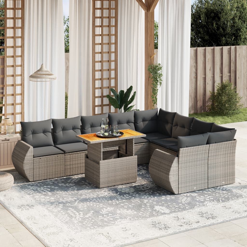 10-tlg. Garten-Sofagarnitur mit Kissen Grau Poly Rattan