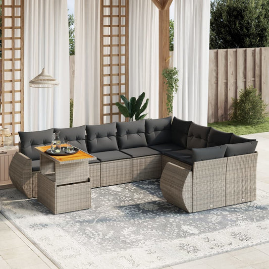 10-tlg. Garten-Sofagarnitur mit Kissen Grau Poly Rattan