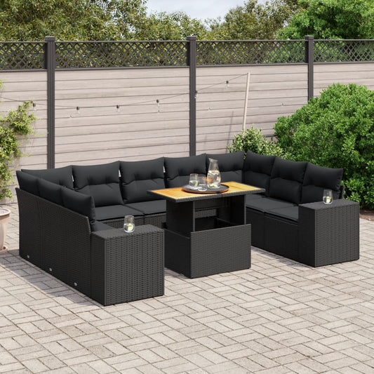 10-tlg. Garten-Sofagarnitur mit Kissen Schwarz Poly Rattan