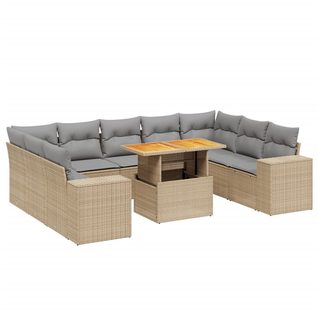 10-tlg. Garten-Sofagarnitur mit Kissen Beige Poly Rattan