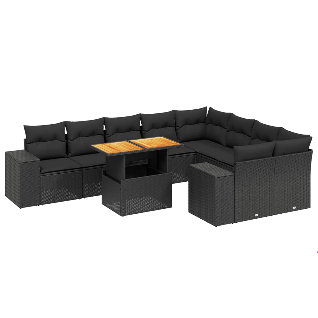 10-tlg. Garten-Sofagarnitur mit Kissen Schwarz Poly Rattan