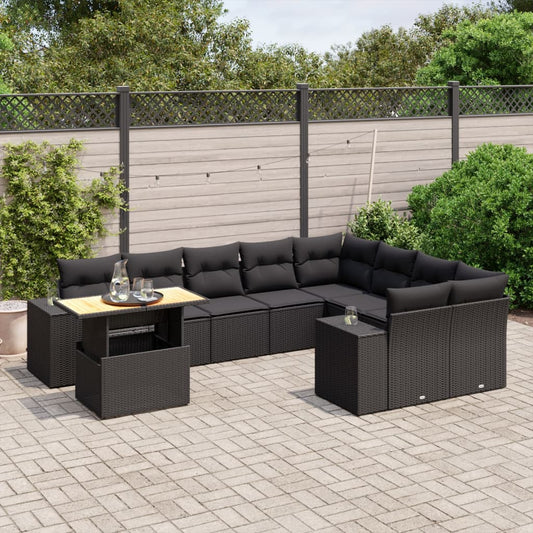 10-tlg. Garten-Sofagarnitur mit Kissen Schwarz Poly Rattan