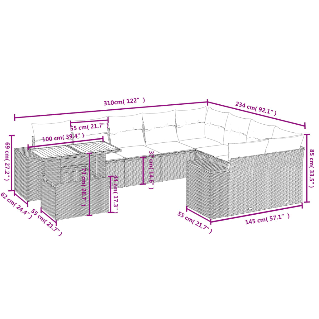 10-tlg. Garten-Sofagarnitur mit Kissen Grau Poly Rattan