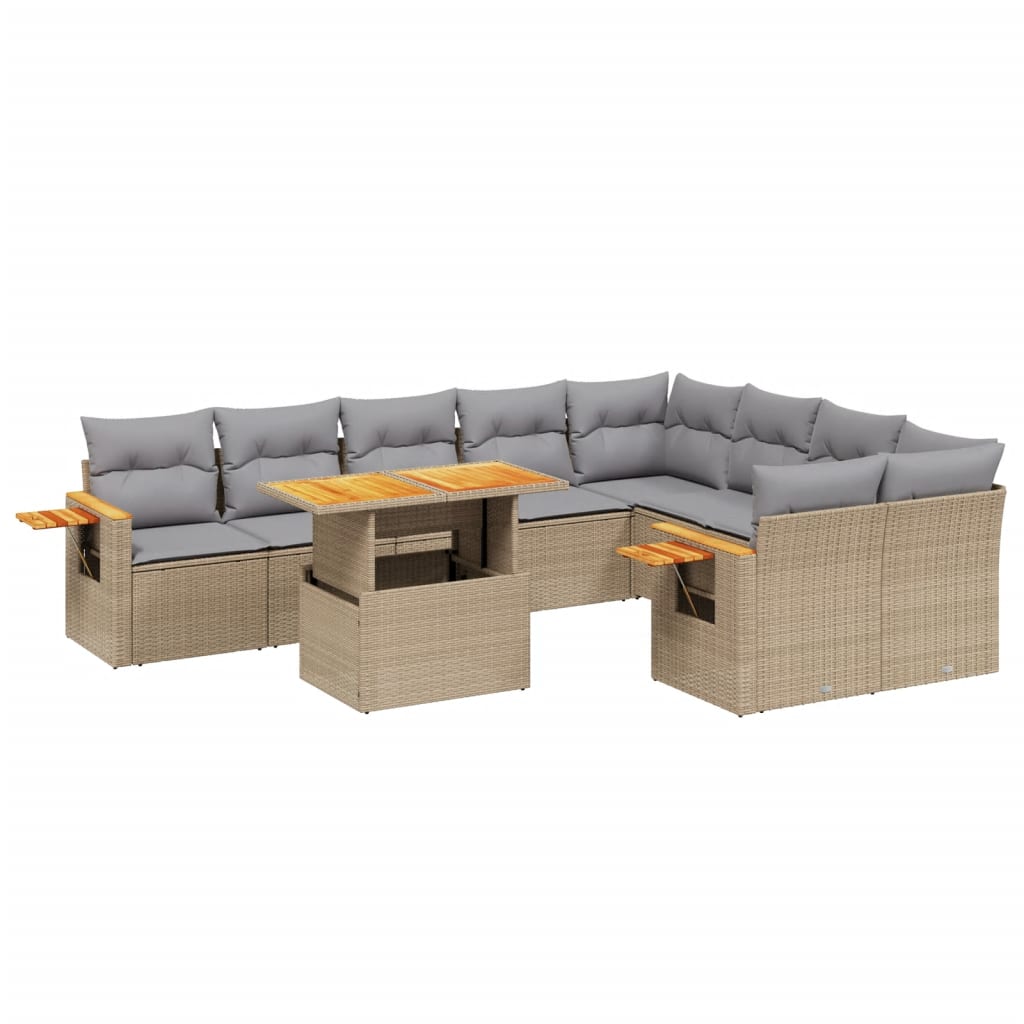 10-tlg. Garten-Sofagarnitur mit Kissen Beige Poly Rattan