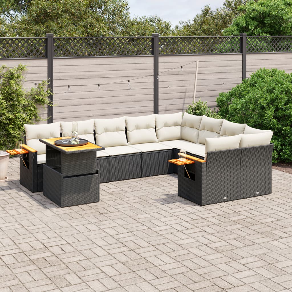 10-tlg. Garten-Sofagarnitur mit Kissen Schwarz Poly Rattan