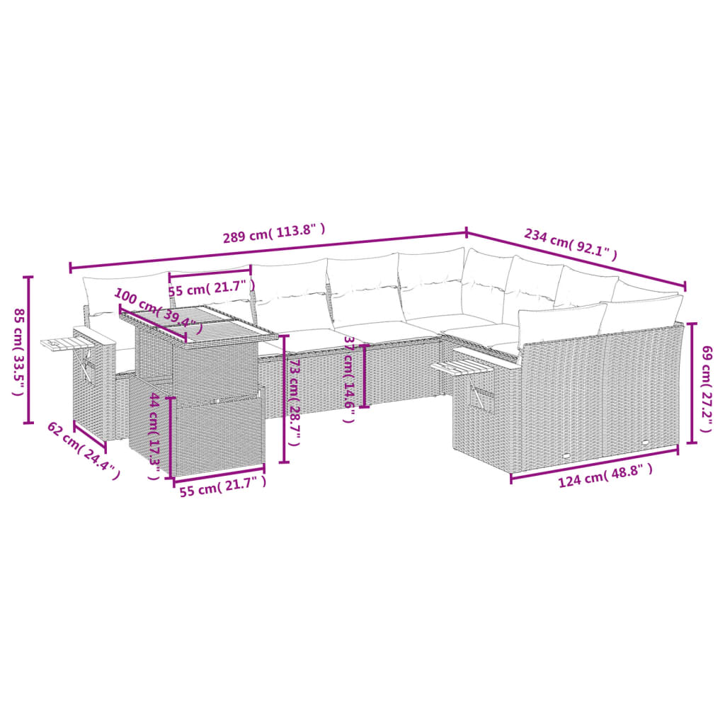 10-tlg. Garten-Sofagarnitur mit Kissen Grau Poly Rattan