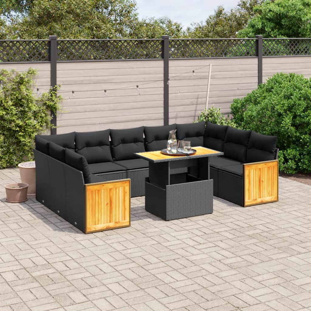 10-tlg. Garten-Sofagarnitur mit Kissen Schwarz Poly Rattan