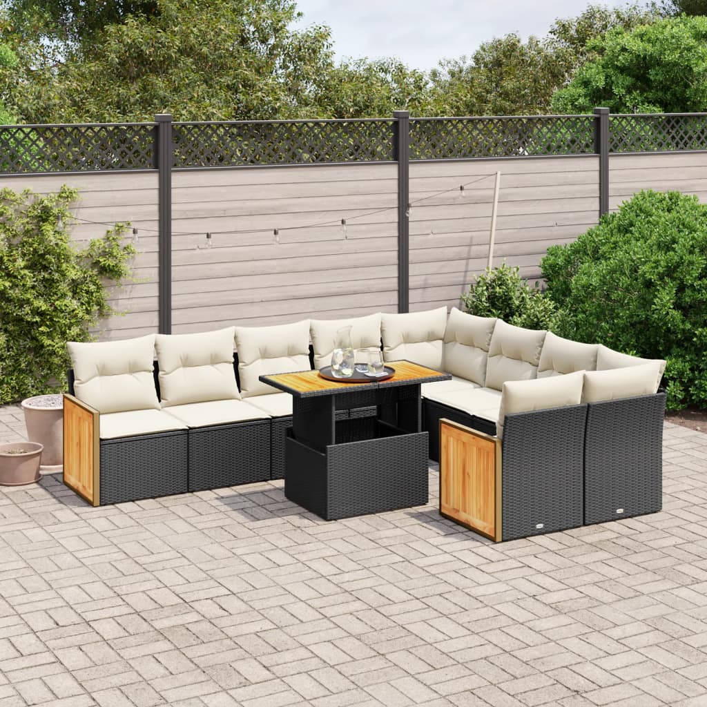 10-tlg. Garten-Sofagarnitur mit Kissen Schwarz Poly Rattan